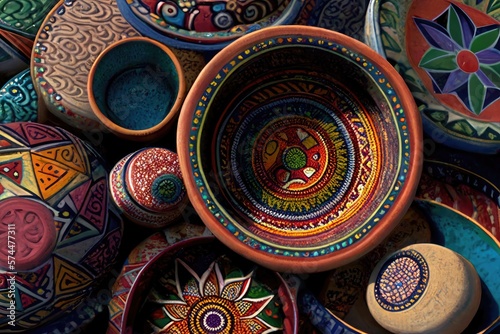 Colorful ceramic bowls and vases with folk floral and geometric patterns. A-generated