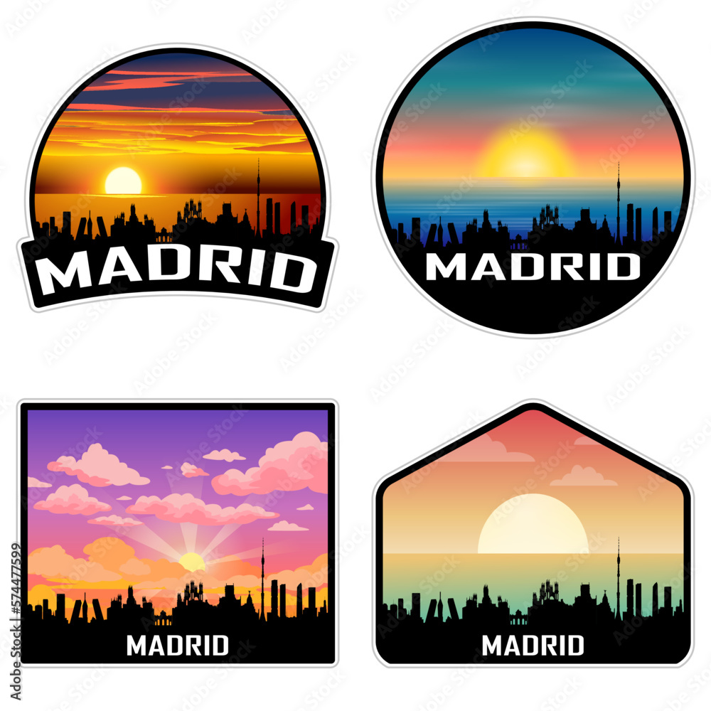 Madrid Spain Skyline Silhouette Retro Vintage Sunset Madrid Lover Travel Souvenir Sticker Vector Illustration SVG EPS AI