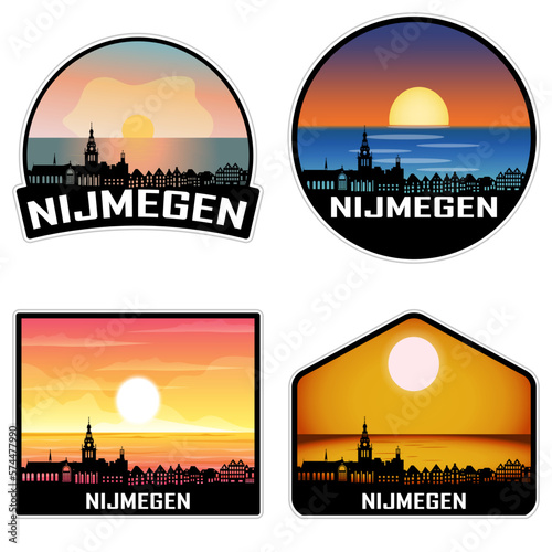 Nijmegen Netherlands Skyline Silhouette Retro Vintage Sunset Nijmegen Lover Travel Souvenir Sticker Vector Illustration SVG EPS AI