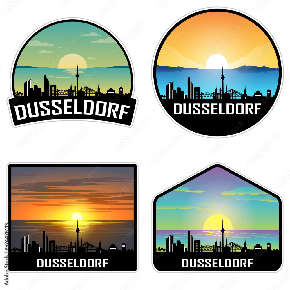 Dusseldorf Germany Skyline Silhouette Retro Vintage Sunset Dusseldorf Lover Travel Souvenir Sticker Vector Illustration SVG EPS AI