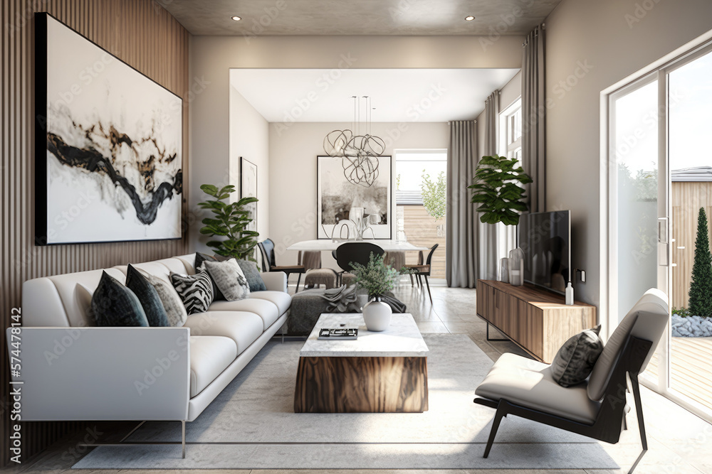 Fototapeta premium Modern 3d render of a contemporary living room interior Generative AI