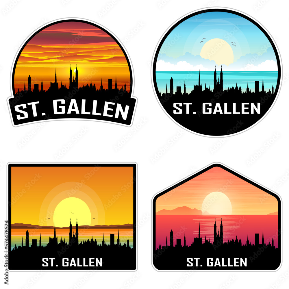 St. Gallen Switzerland Skyline Silhouette Retro Vintage Sunset St. Gallen Lover Travel Souvenir Sticker Vector Illustration SVG EPS AI