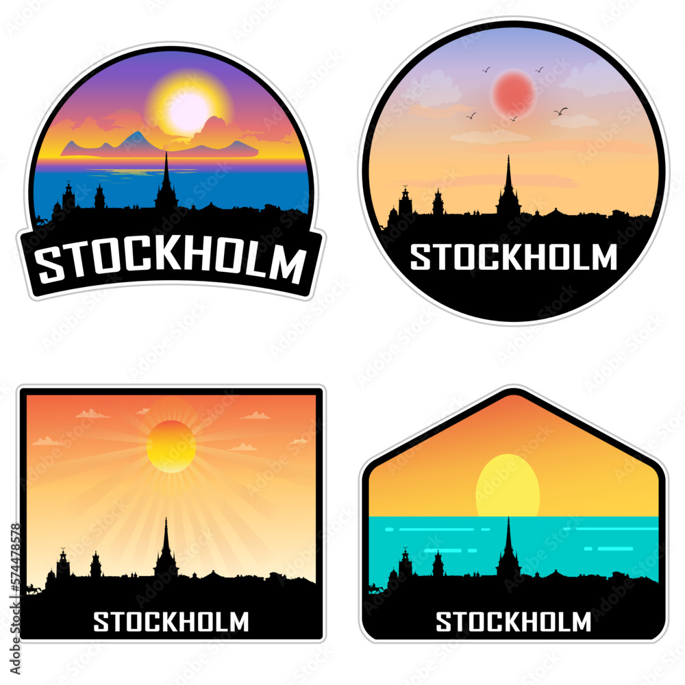 Stockholm Sweden Skyline Silhouette Retro Vintage Sunset Stockholm Lover Travel Souvenir Sticker Vector Illustration SVG EPS AI