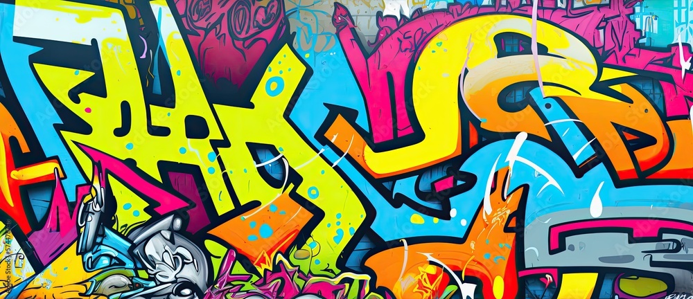 Vibrant colors come alive in this street art mural, expressing the artists creativity through a mix of text and graffiti. Full Frame, Generative AI Vibrant colors come alive in this street art mural, expressing the artists creativity through a mix of text and graffiti. Full Frame, Generative AI