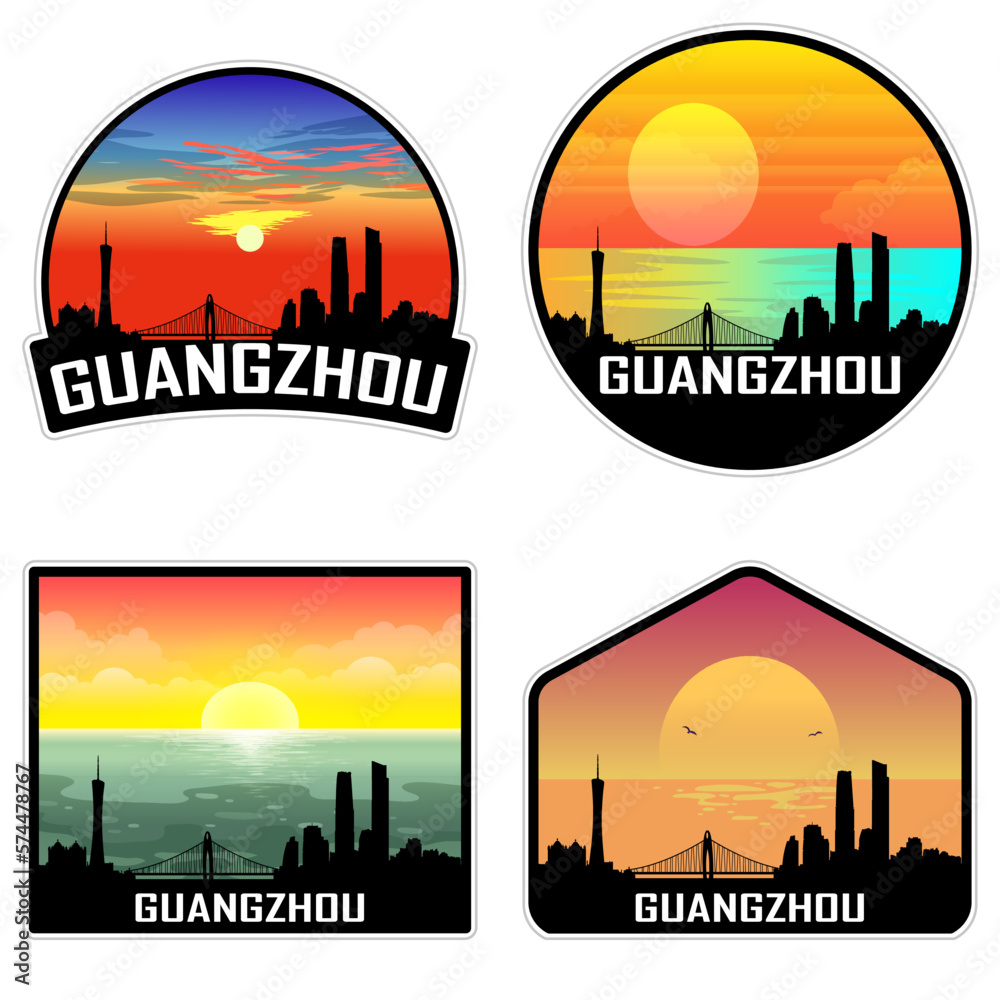 Guangzhou China Skyline Silhouette Retro Vintage Sunset Guangzhou Lover Travel Souvenir Sticker Vector Illustration SVG EPS AI