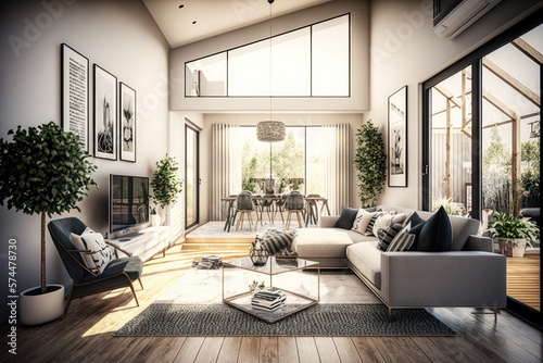 Modern 3d render of a contemporary living room interior Generative AI © ChaoticMind