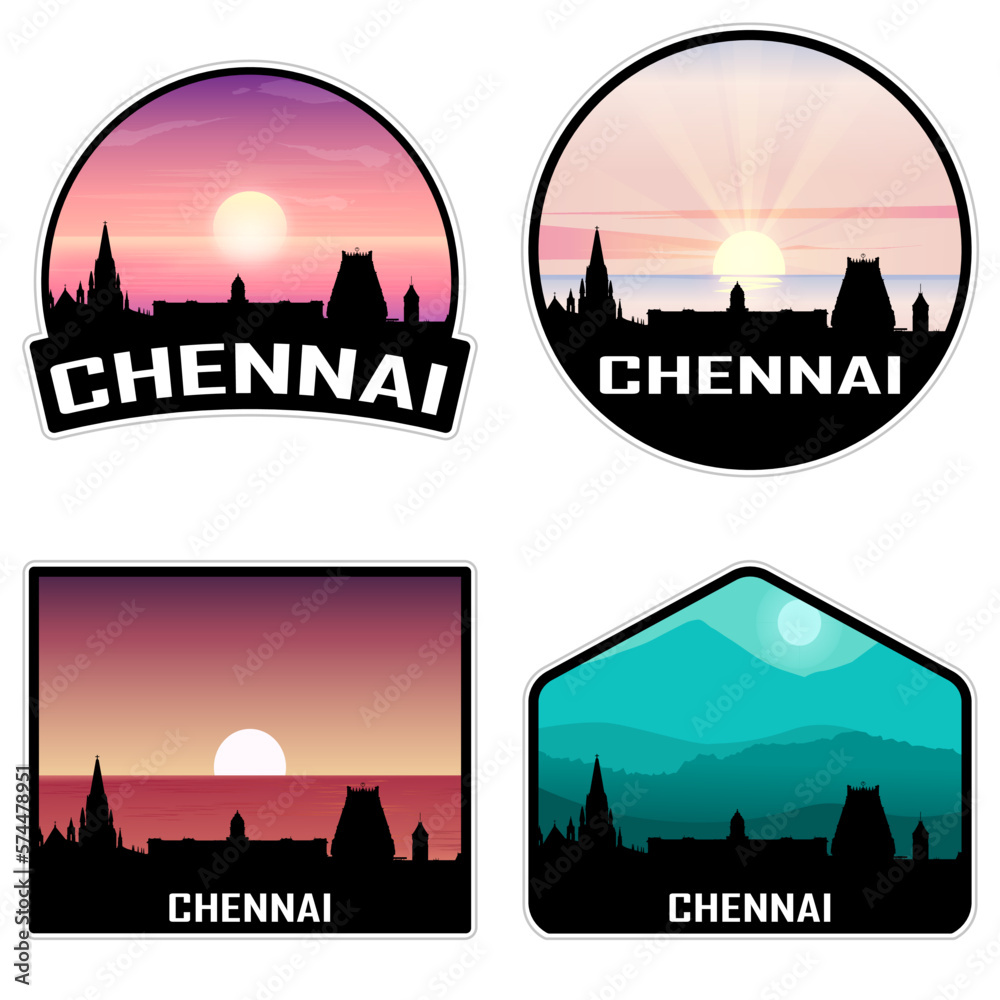 Chennai India Skyline Silhouette Retro Vintage Sunset Chennai Lover Travel Souvenir Sticker Vector Illustration SVG EPS AI
