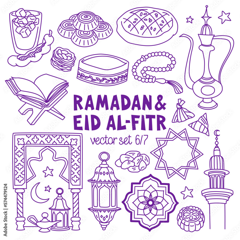 Ramadan and Eid Al-Fitr hand drawn vector illustrations set. Muslim holiday's symbols - lanterns, prayer beads, food and drinks, arabesque. Outline stroke is not expanded, stroke weight is editable. Ramadan and Eid Al-Fitr hand drawn vector illustrations set. Muslim holiday's symbols - lanterns, prayer beads, food and drinks, arabesque. Outline stroke is not expanded, stroke weight is editable.