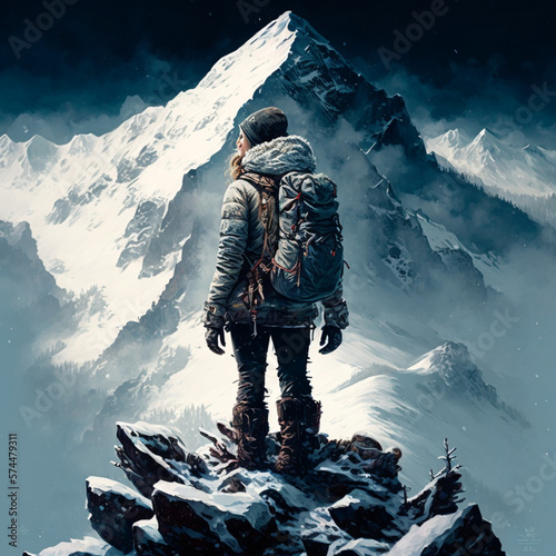 A woman climbs a high mountain, snow