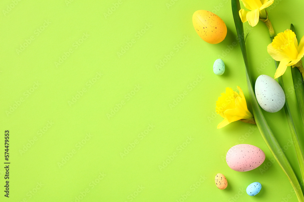 Happy Easter concept. Easter banner template with colorful Easter eggs, yellow spring flowers on green background. Happy Easter concept. Easter banner template with colorful Easter eggs, yellow spring flowers on green background.