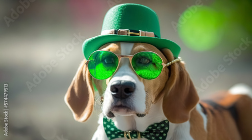 Foto Cute dog in a leprechaun hat, green bow tie and green glasses
