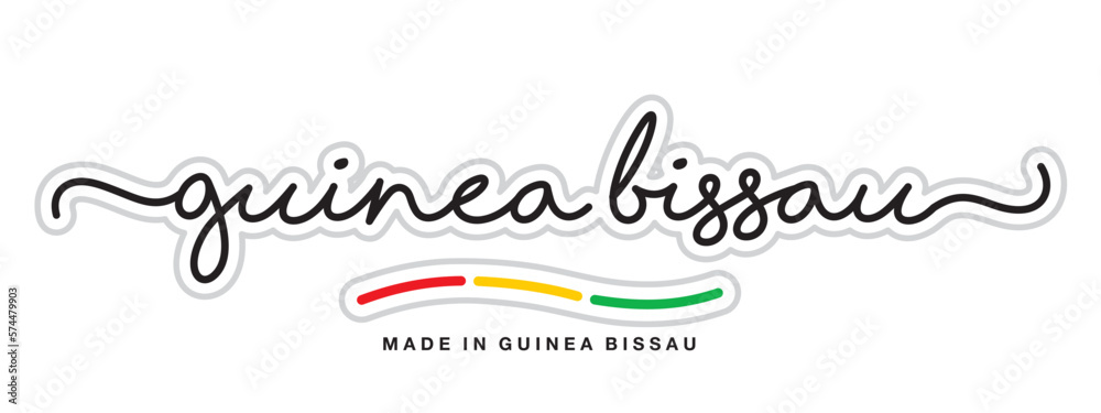 Made in Guinea Bissau, new modern handwritten typography calligraphic logo sticker, abstract Guinea Bissau flag ribbon banner