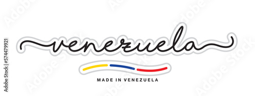 Made in Venezuela, new modern handwritten typography calligraphic logo sticker, abstract Venezuela flag ribbon banner
