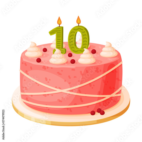 Candle on birthday cake with 10 number age. Festive dessert burning number shaped candle cartoon vector illustration
