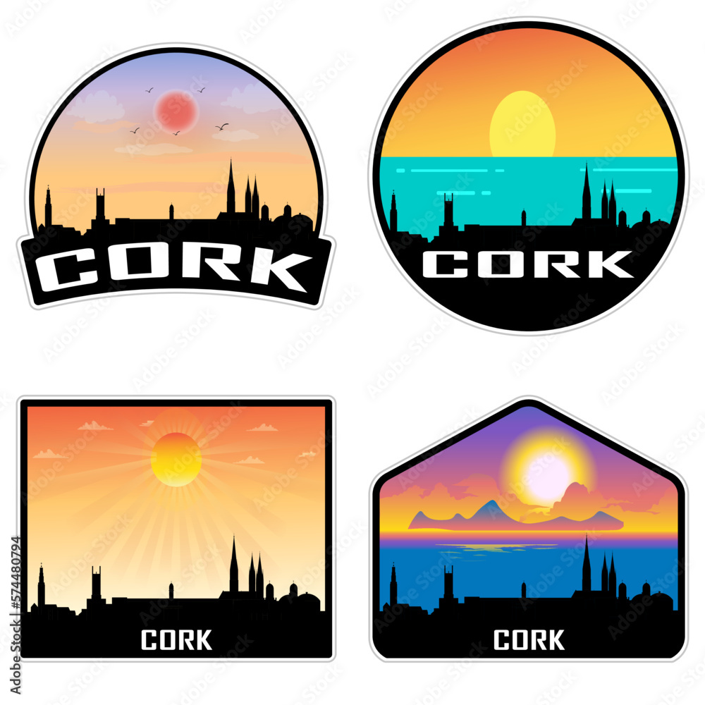 Cork Ireland Skyline Silhouette Retro Vintage Sunset Cork Lover Travel Souvenir Sticker Vector Illustration SVG EPS AI