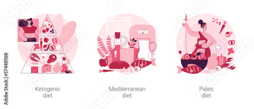 Weight loss nutrition plan abstract concept vector illustration set. Ketogenic, mediterranean and paleo diet, healthy lifestyle, organic food, fresh vegetable, low carb food abstract metaphor.