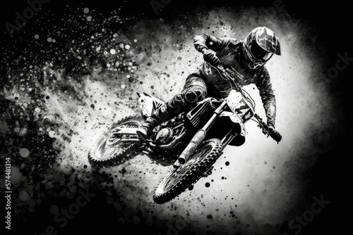 a motocross rider jumps with his machine and whirls up a lot of dirt and sand. Generative AI