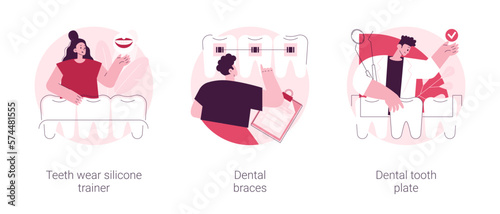 Orthodontic care abstract concept vector illustration set. Teeth wear silicone trainer, dental braces, tooth plate, crowded tooth treatment, teeth aligner and retainer, brackets abstract metaphor.