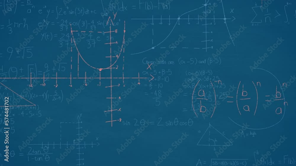 Animation of mathematical equations and diagrams floating against blue background
