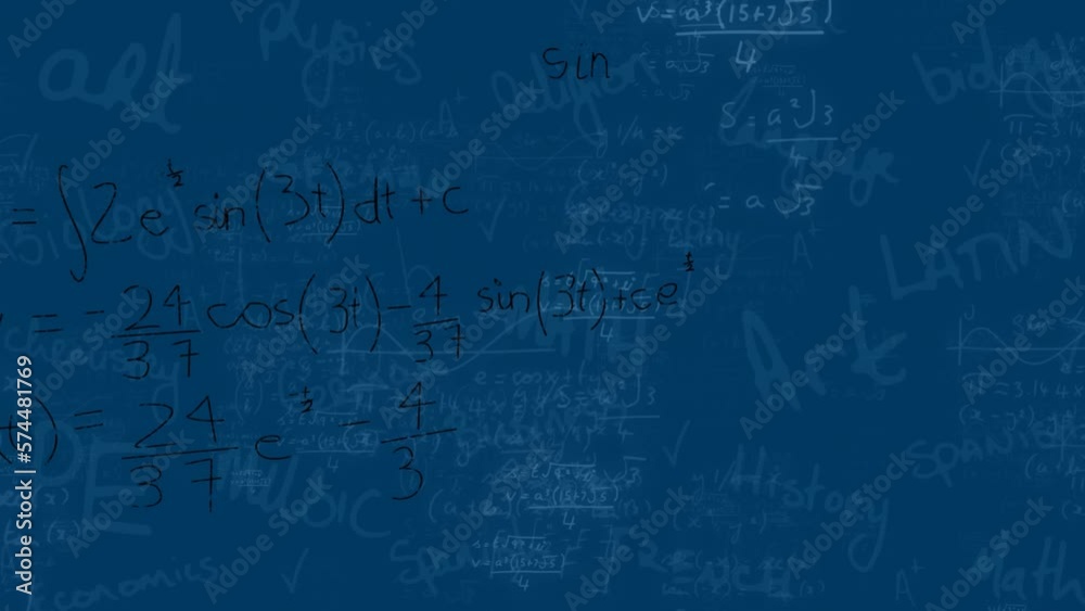 Animation of light spots over mathematical equations floating against blue background Animation of light spots over mathematical equations floating against blue background