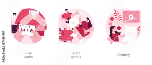 Social isolation free time spending abstract concept vector illustration set. Play cards, board games, painting, home sitting activities, family fun idea, painter online course abstract metaphor.