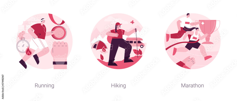 Sports lifestyle abstract concept vector illustration set. Running and hiking, marathon, daily athletic workout, training exercise, trekking trail, speed race, street fitness abstract metaphor.