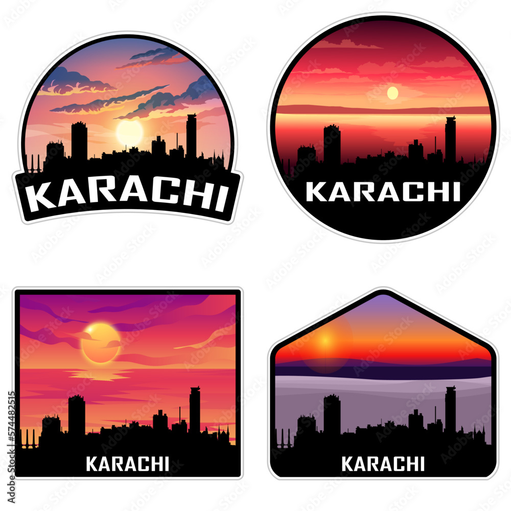 Karachi Pakistan Skyline Silhouette Retro Vintage Sunset Karachi Lover Travel Souvenir Sticker Vector Illustration SVG EPS AI