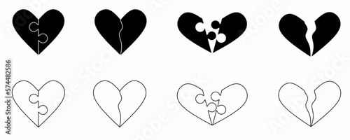 outline silhouette broken heart icon set isolated on white background