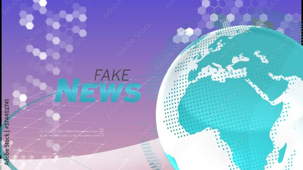 Animation of fake news text banner and spinning globe against data processing on gradient background