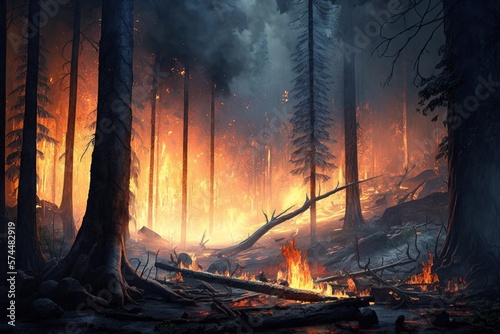 Devastating Forest Fire: View of Burning Woodland, generative ai