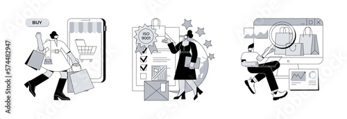 Customer satisfaction abstract concept vector illustration set. Consumer society, product quality, market research studies, retail app, customer habit and need research, focus group abstract metaphor.