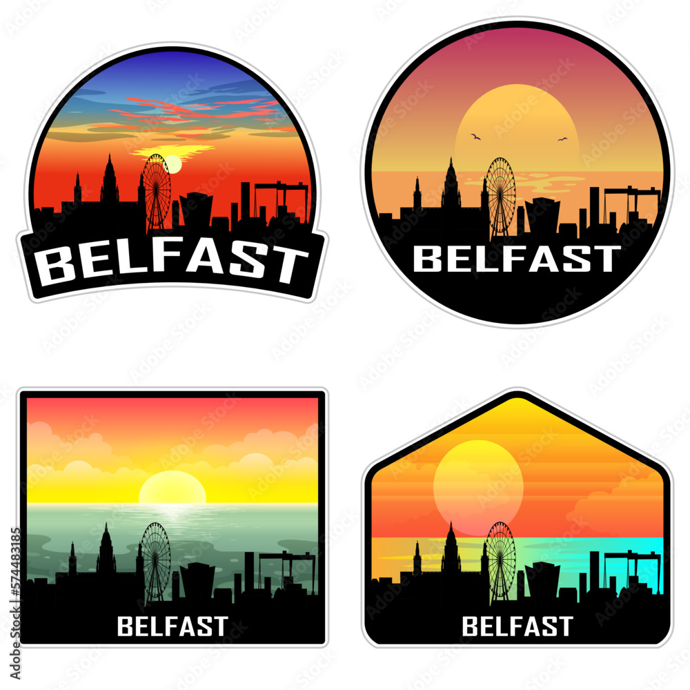 Belfast Northern Ireland Skyline Silhouette Retro Vintage Sunset Belfast Lover Travel Souvenir Sticker Vector Illustration SVG EPS AI
