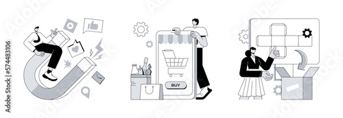 Mobile retail shopping abstract concept vector illustration set. Engagement marketing, digital supermarket and packaging, online commerce, smm strategy, online payment, AR labels abstract metaphor.