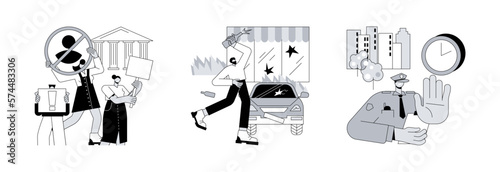 Government policy abstract concept vector illustration set. Political protest, looting and curfew, riot police, political activism, mass unrest, street action, demonstration abstract metaphor.
