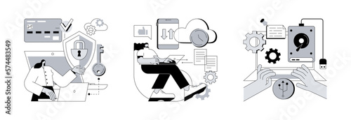 Data protection and recovery abstract concept vector illustration set. Cyber security software, automatic backup, external hard drive, mobile phone synchronization, storage hdd abstract metaphor.