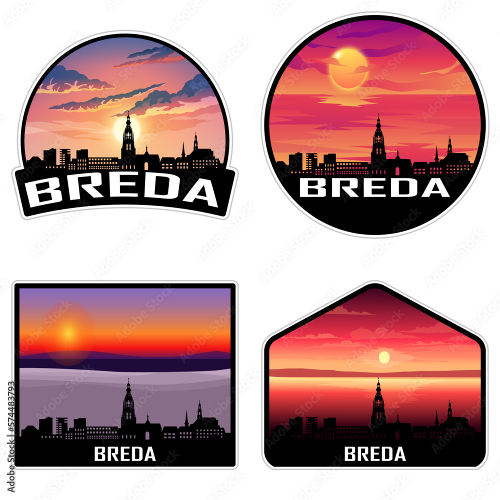 Breda Netherlands Skyline Silhouette Retro Vintage Sunset Breda Lover Travel Souvenir Sticker Vector Illustration SVG EPS AI