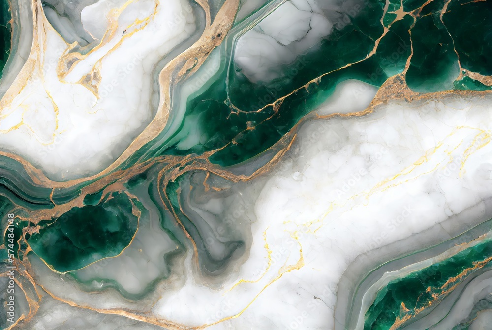 White marble with gold and green emerald surface abstract background. Decorative acrylic paint pouring rock marble texture. Horizontal natural green and gold abstract pattern.