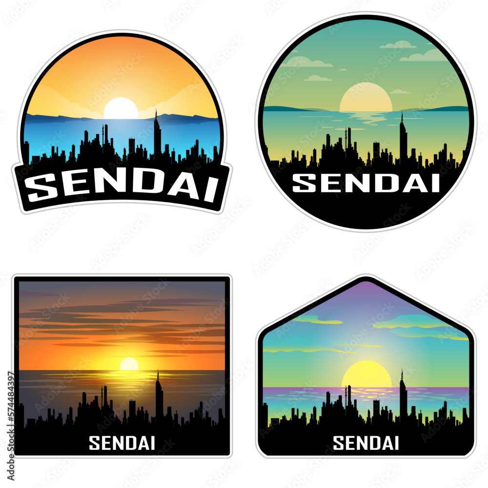 Sendai Japan Skyline Silhouette Retro Vintage Sunset Sendai Lover Travel Souvenir Sticker Vector Illustration SVG EPS AI