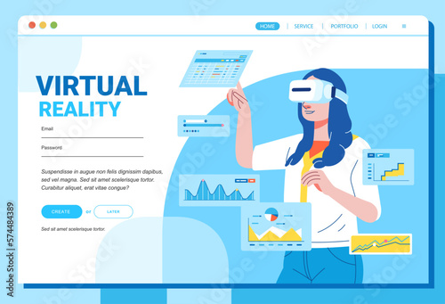 Mock up design website flat design concept virtual Reality platform The girl with VR Glasses arrange graphic and chart Vector illustration