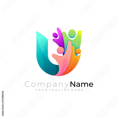 Letter U logo with people care community, charity logos