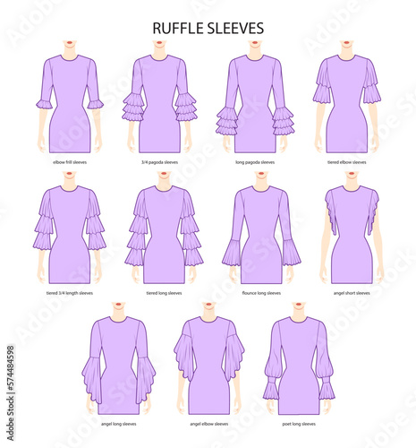 Set of Ruffle sleeves clothes frill, pagoda, tiered, flounce, angel, poet technical fashion illustration with fitted body. Flat apparel template front side. Women, men unisex CAD mockup