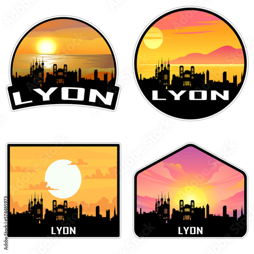 Lyon France Skyline Silhouette Retro Vintage Sunset Lyon Lover Travel Souvenir Sticker Vector Illustration SVG EPS AI