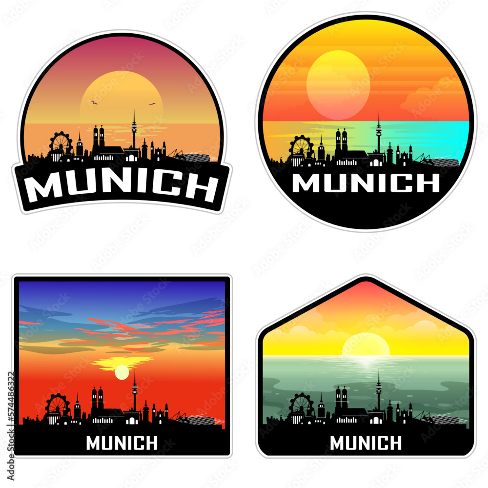 Munich Germany Skyline Silhouette Retro Vintage Sunset Munich Lover Travel Souvenir Sticker Vector Illustration SVG EPS AI