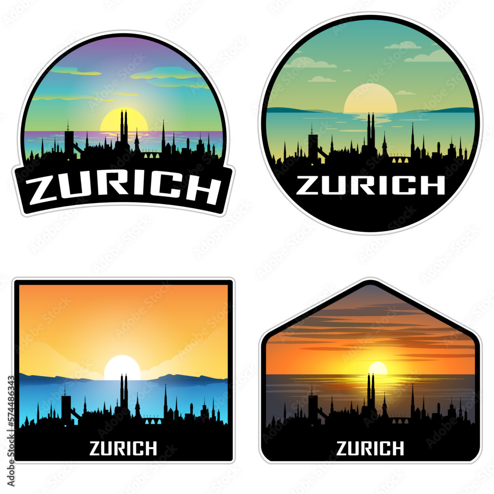 Zurich Switzerland Skyline Silhouette Retro Vintage Sunset Zurich Lover Travel Souvenir Sticker Vector Illustration SVG EPS AI