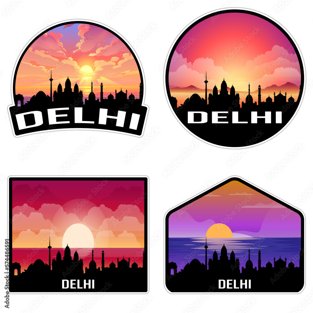Delhi India Skyline Silhouette Retro Vintage Sunset Delhi Lover Travel Souvenir Sticker Vector Illustration SVG EPS AI
