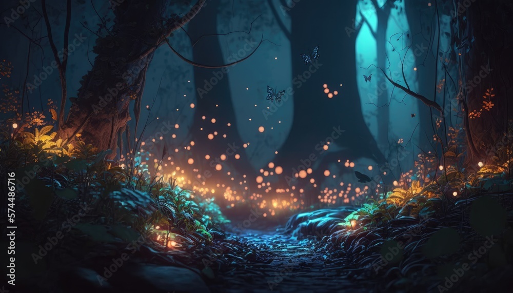 A Whimsical Forest Full of Fireflies and Magic, AI Generative A Whimsical Forest Full of Fireflies and Magic, AI Generative