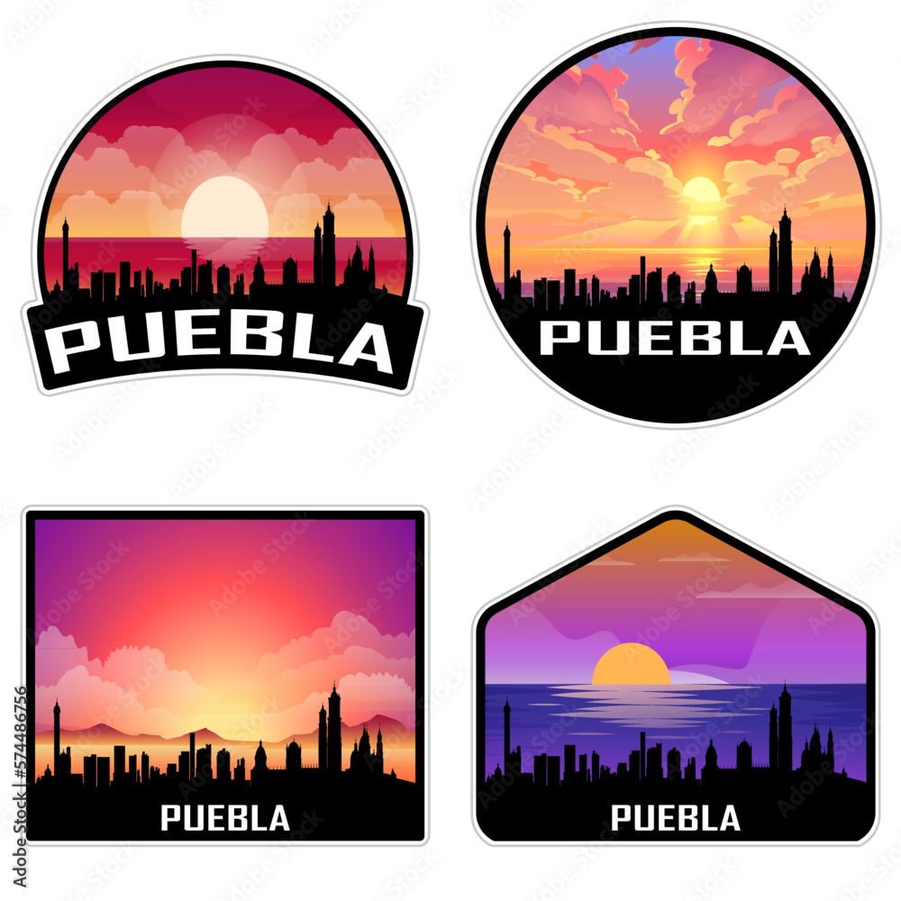 Puebla Mexico Skyline Silhouette Retro Vintage Sunset Puebla Lover Travel Souvenir Sticker Vector Illustration SVG EPS AI