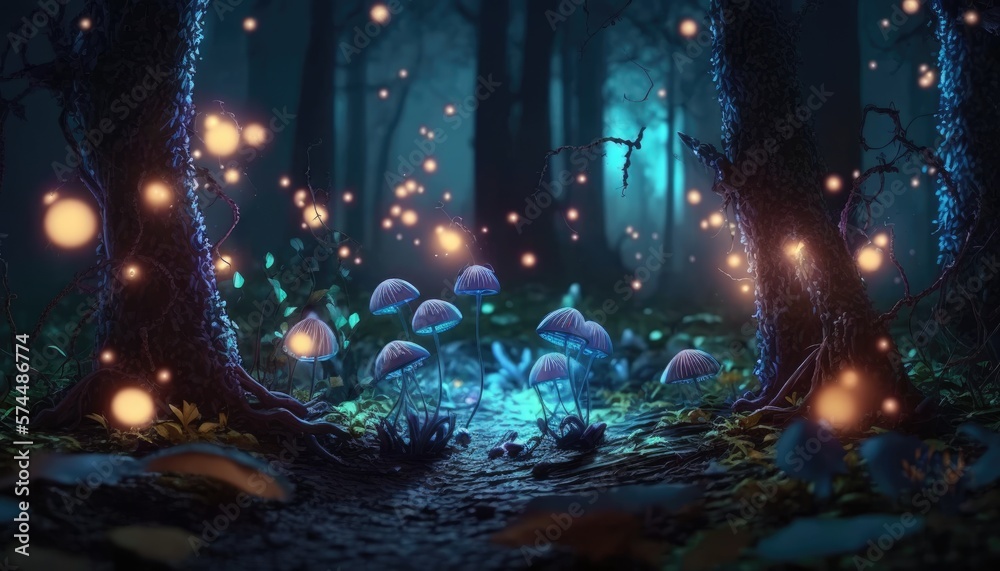 Obraz premium Enchanting Nighttime Woods with Mystical Lights and Fireflies, AI Generative
