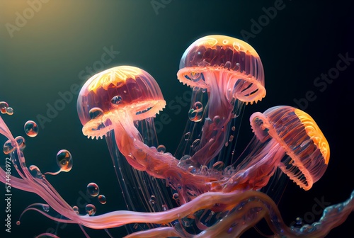 Colorful fantasy jellyfish interior poster. Glossy and shiny surface. Colorful jellyfish fantasy pattern. Decorative AI generated mystery horizontal interior poster.