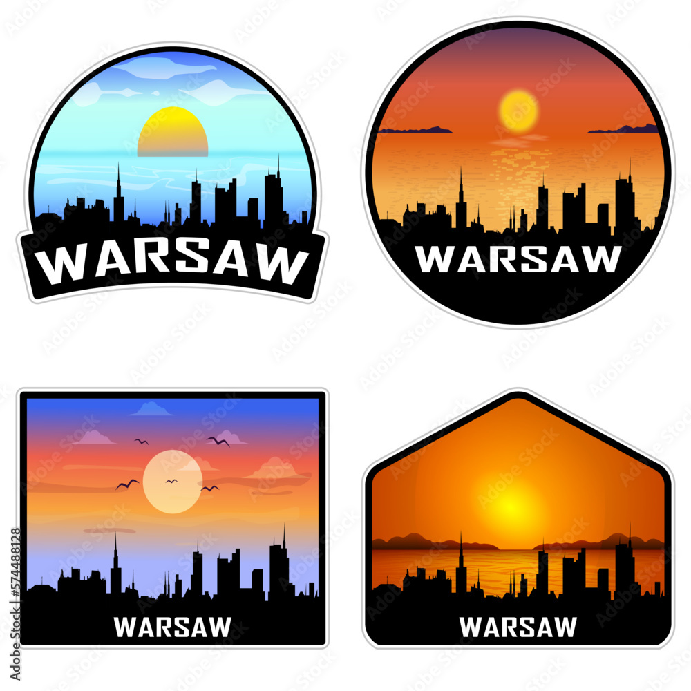 Warsaw Poland Skyline Silhouette Retro Vintage Sunset Warsaw Lover Travel Souvenir Sticker Vector Illustration SVG EPS AI